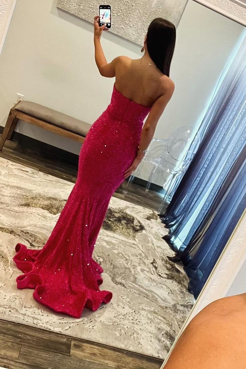 Sexy Glitter Fuchsia Mermaid Strapless Long Sequin Prom Dress