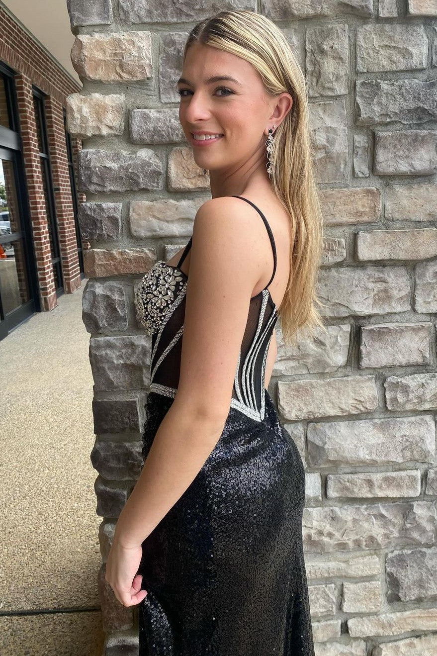 Sexy Black Mermaid Spaghetti Straps Long Sequin Prom Dress With Slit