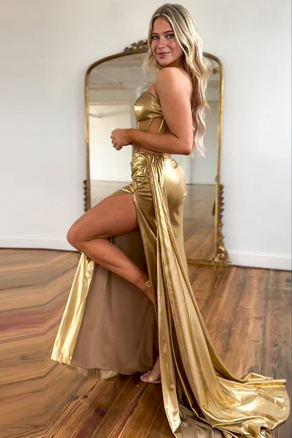 Sexy Gold Mermaid Strapless Long Metallic Prom Dress With High Slit and Ribbon