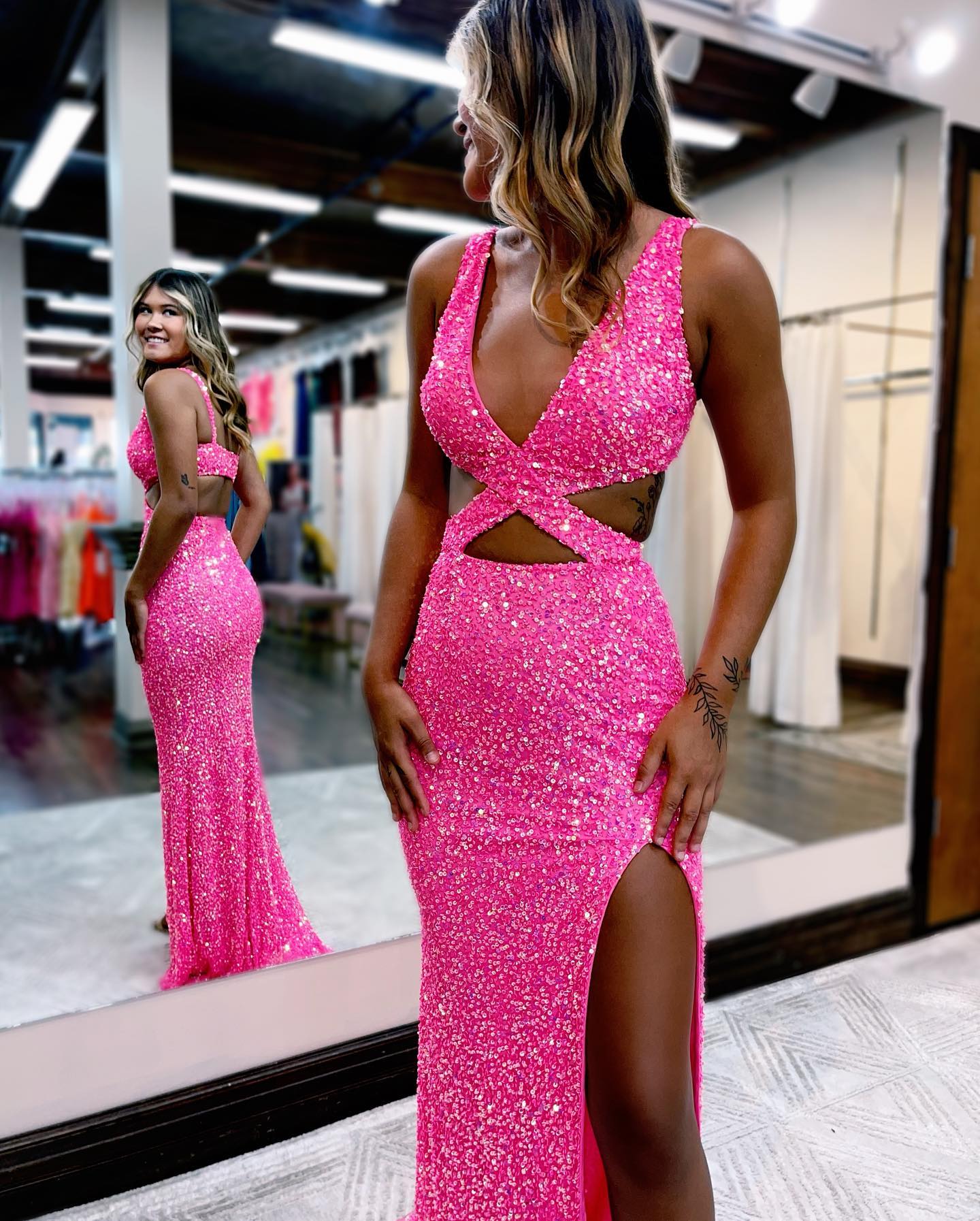 Sexy Hot Pink Sequin Prom Dress With Front Split
