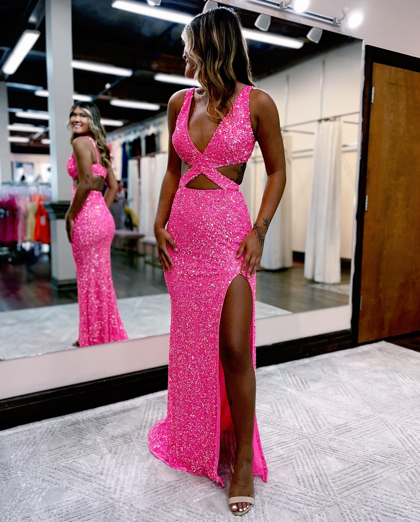 Sexy Hot Pink Sequin Prom Dress With Front Split
