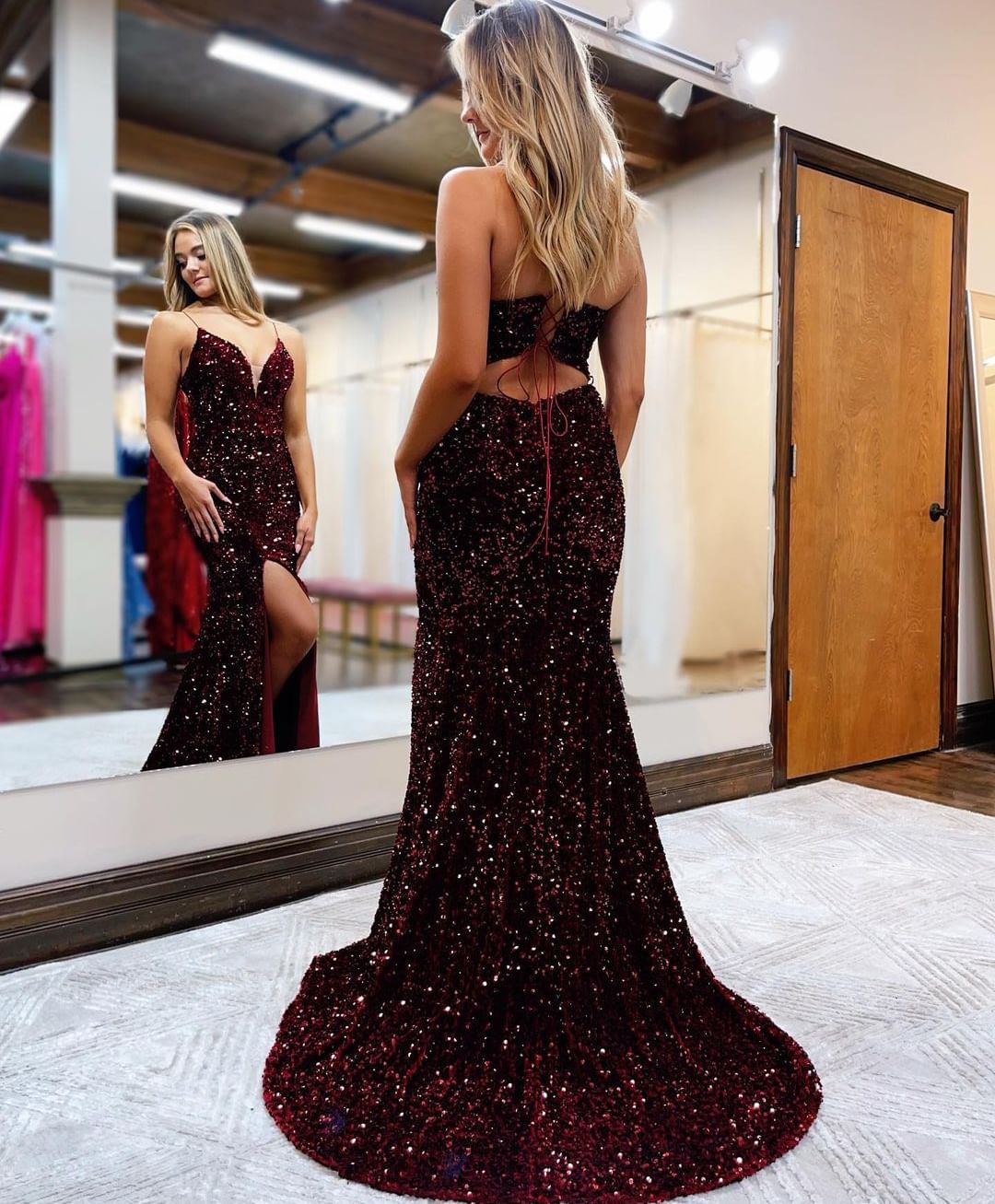 Sexy Mermaid Spaghetti Straps Glitter Prom Dress With Split