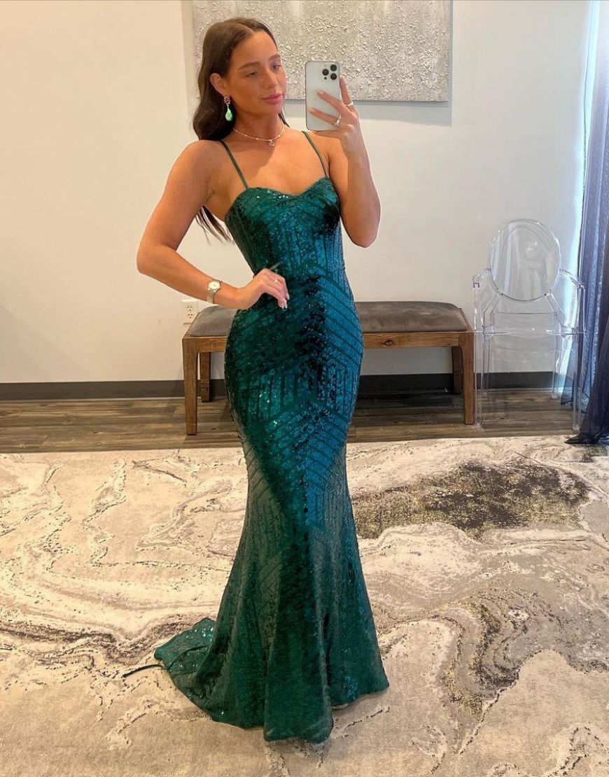 Sexy Mermaid Spaghetti Straps Long Sequin Prom Dress