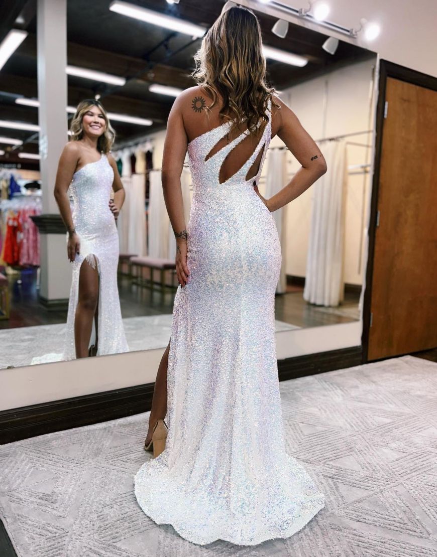 Sexy One Shoulder Long Glitter Sequin Prom Dress With Split