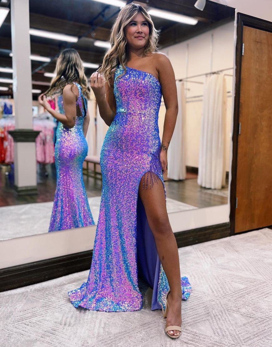 Sexy One Shoulder Long Glitter Sequin Prom Dress With Split