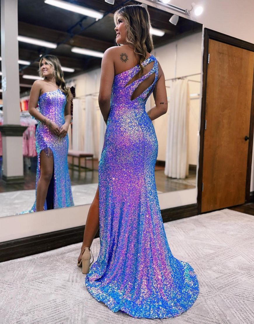 Sexy One Shoulder Long Glitter Sequin Prom Dress With Split
