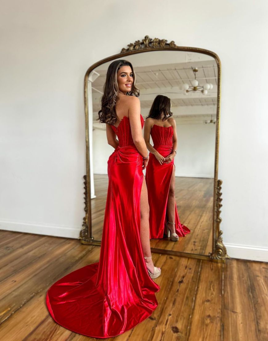 Sexy Red Strapless Long Prom Dress With Split