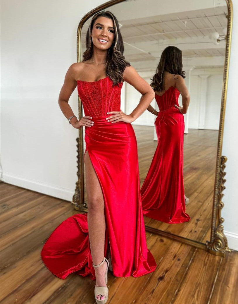 Sexy Red Strapless Long Prom Dress With Split