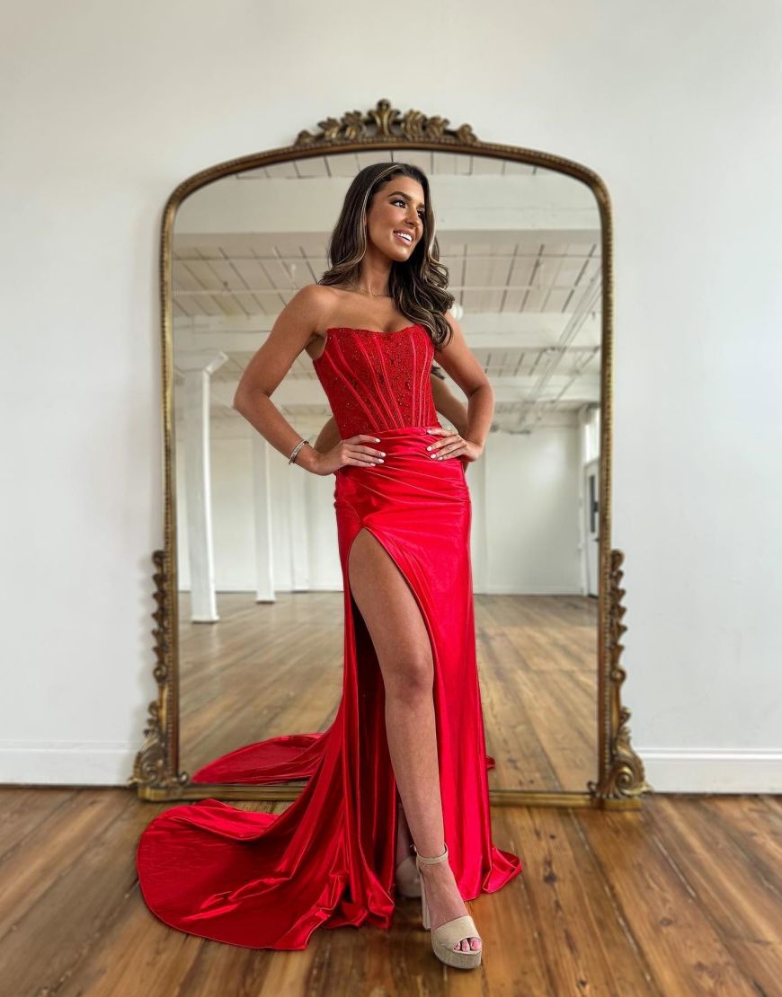Sexy Red Strapless Long Prom Dress With Split