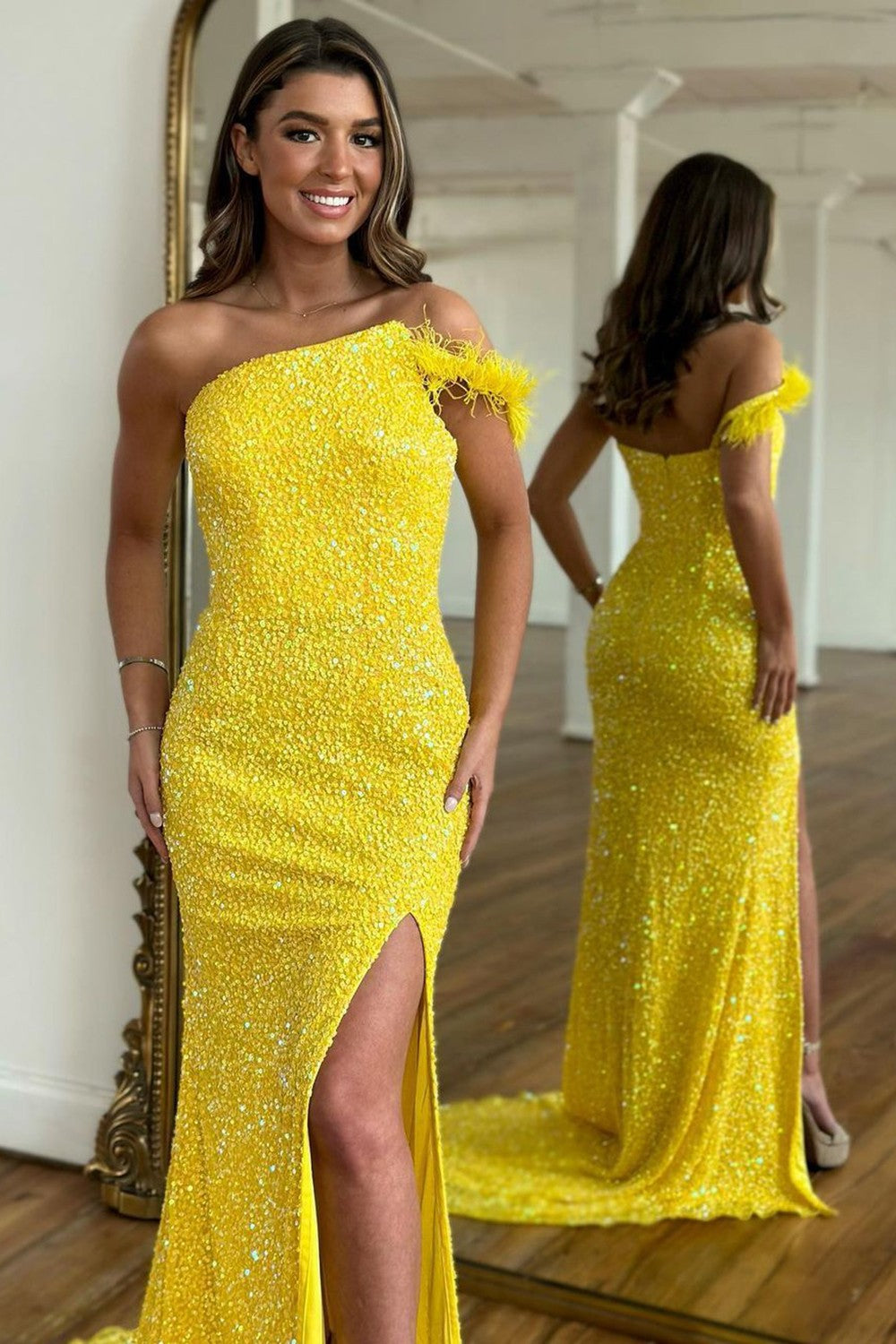 Sheath One Shoulder Feather Long Sequin Prom Dress With Split