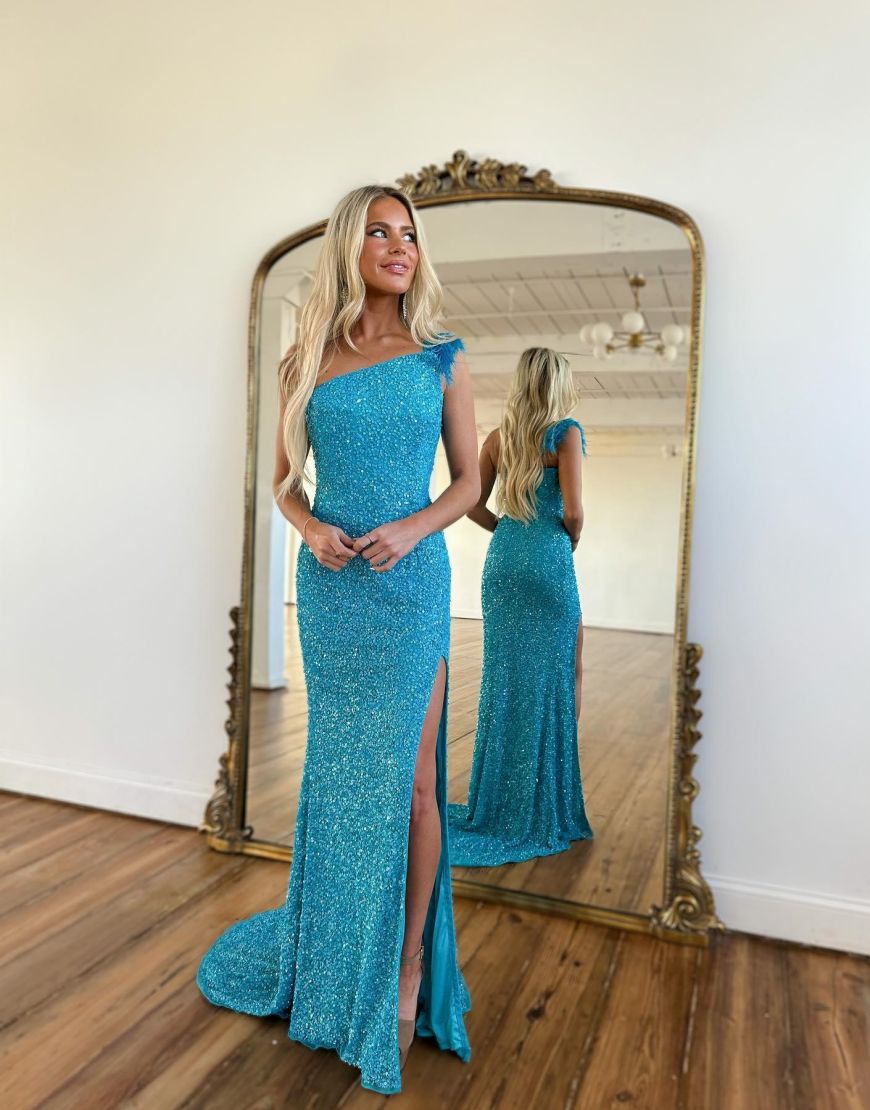 Sheath One Shoulder Feather Long Sequin Prom Dress With Split