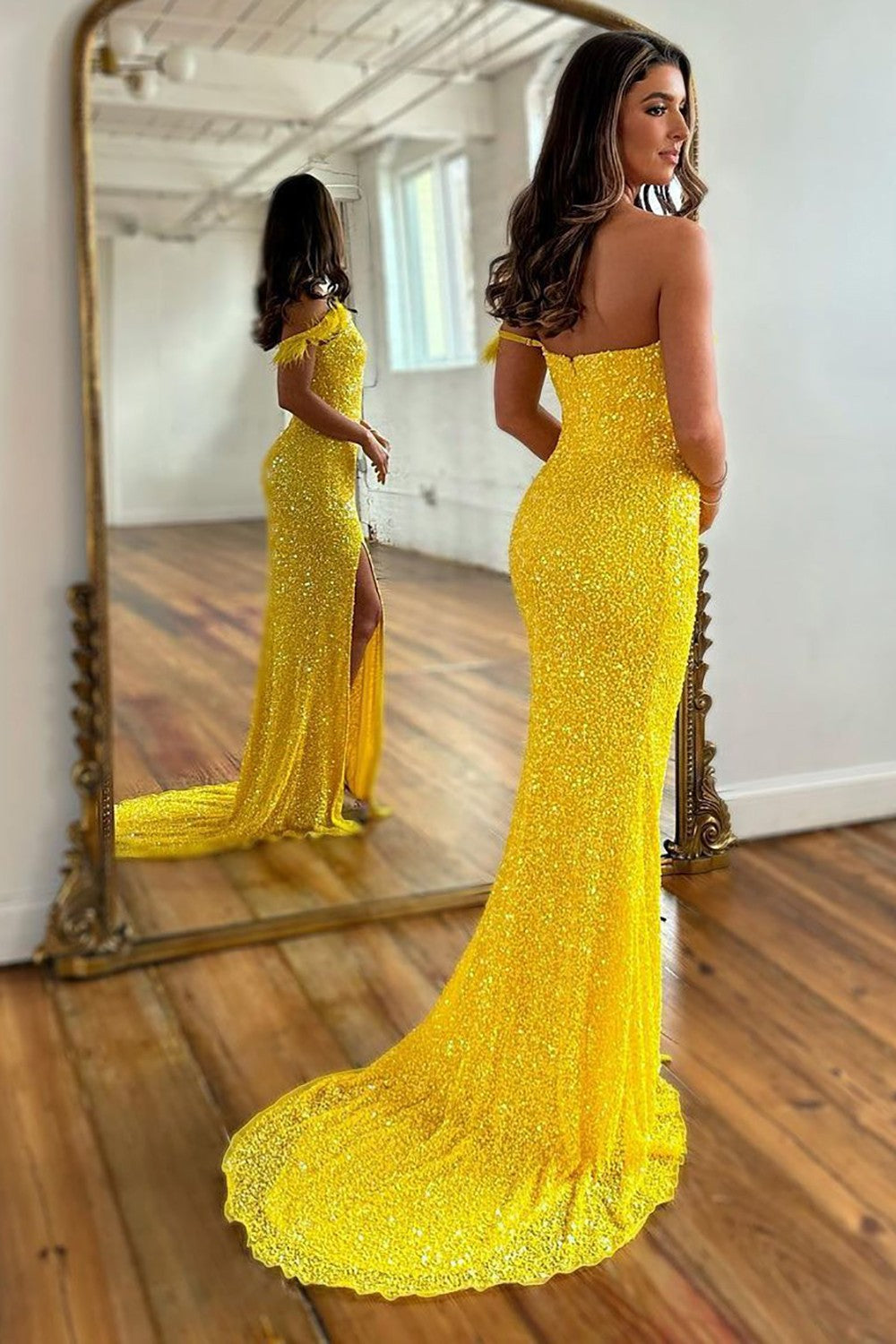 Sheath One Shoulder Feather Long Sequin Prom Dress With Split