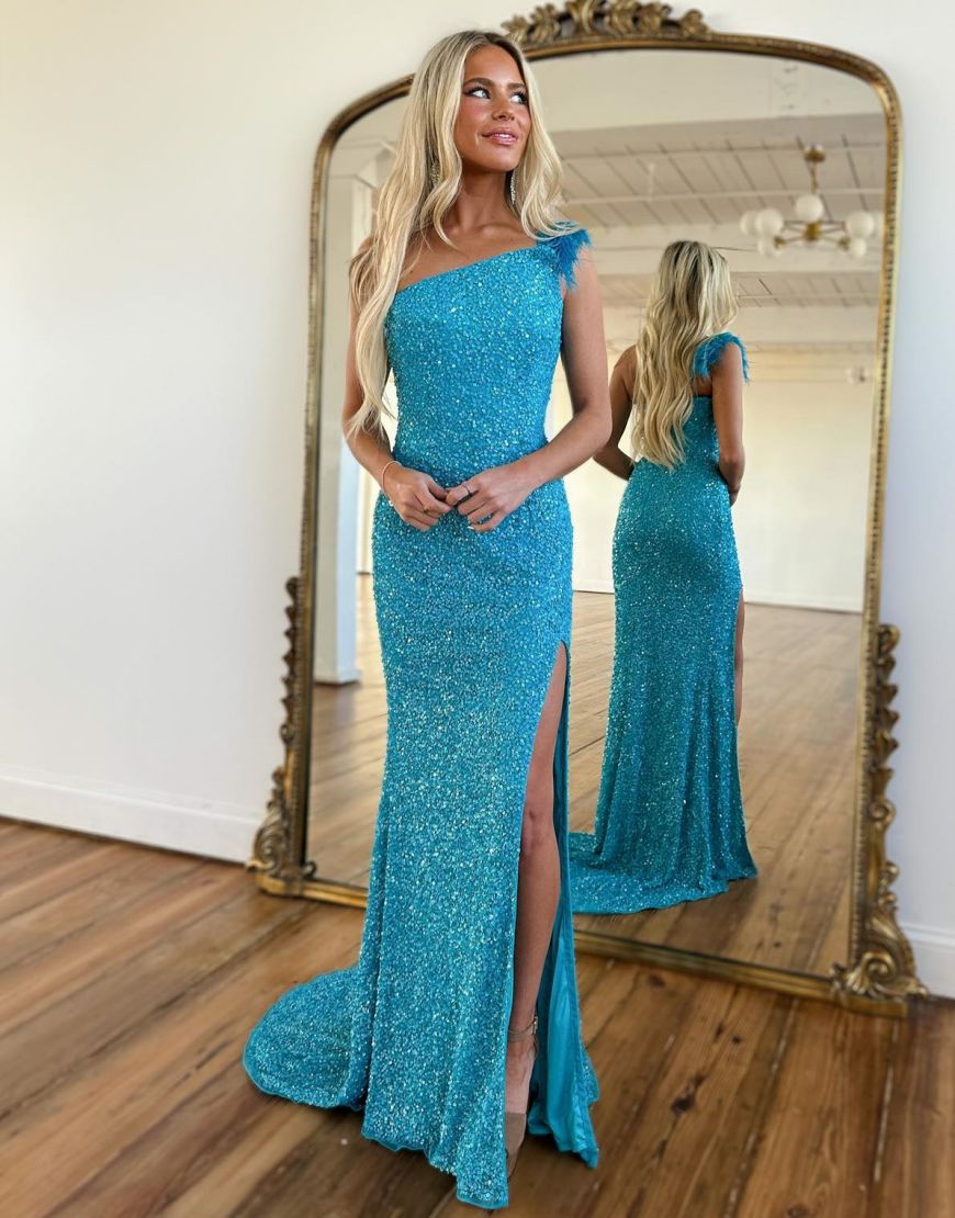 Sheath One Shoulder Feather Long Sequin Prom Dress With Split