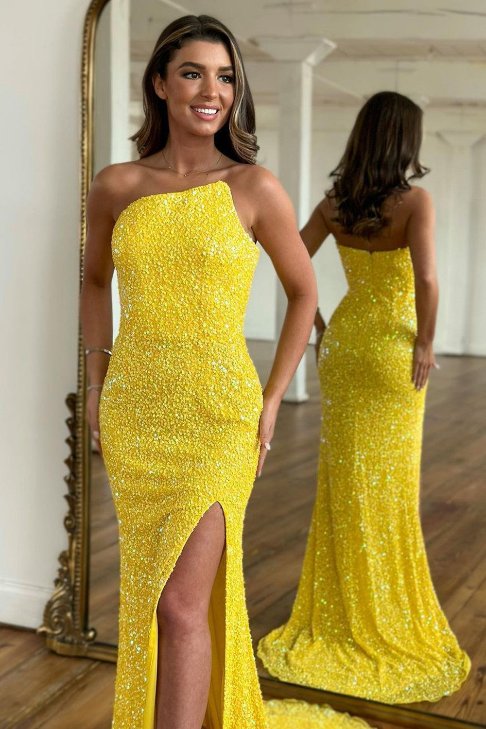 Sheath One Shoulder Feather Long Sequin Prom Dress With Split