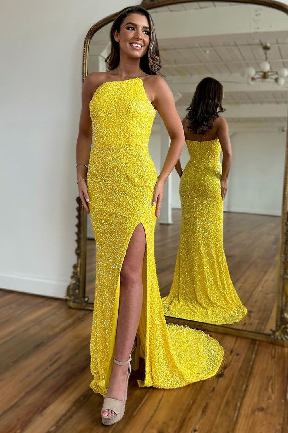 Sheath One Shoulder Feather Long Sequin Prom Dress With Split