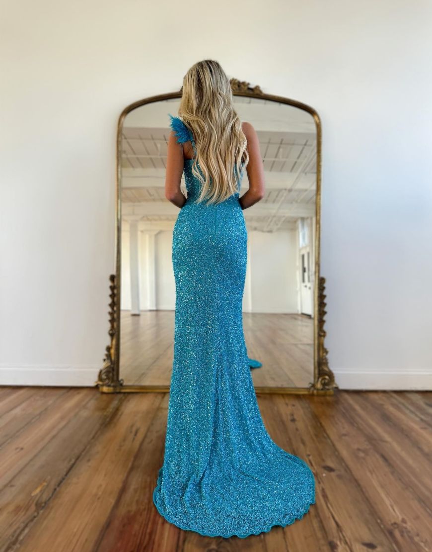 Sheath One Shoulder Feather Long Sequin Prom Dress With Split