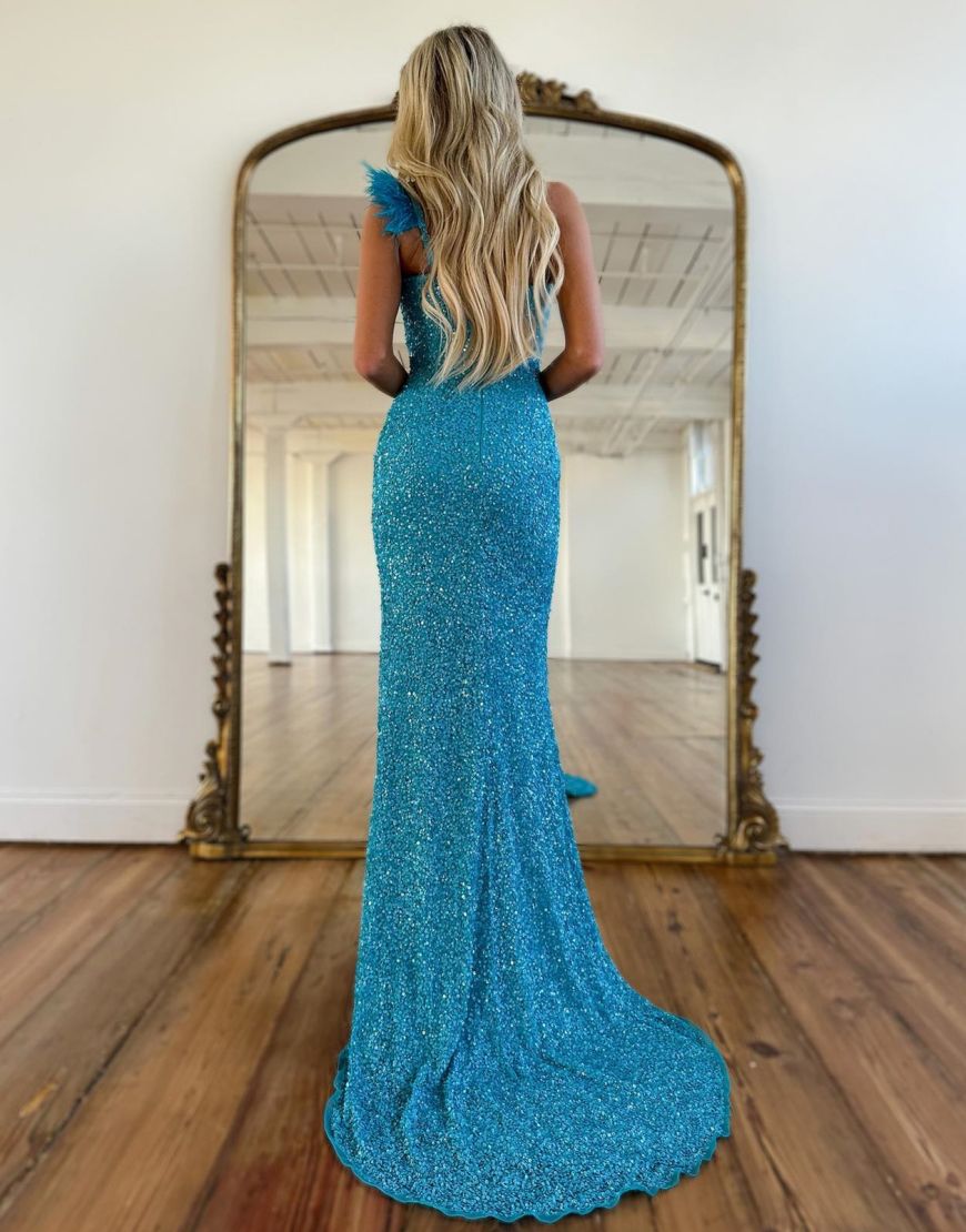 Sheath One Shoulder Feather Long Sequin Prom Dress With Split