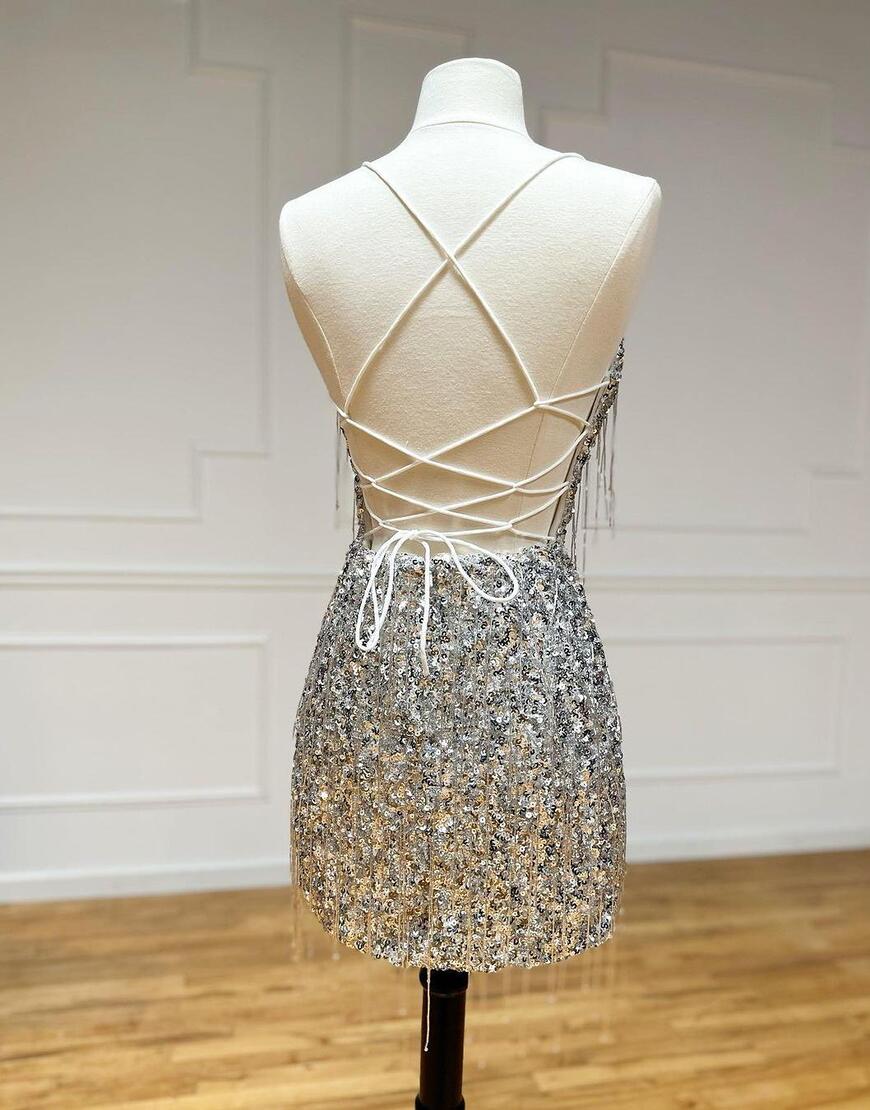 Silver V-Neck Glitter Sequin Homecoming Dress With Tassel