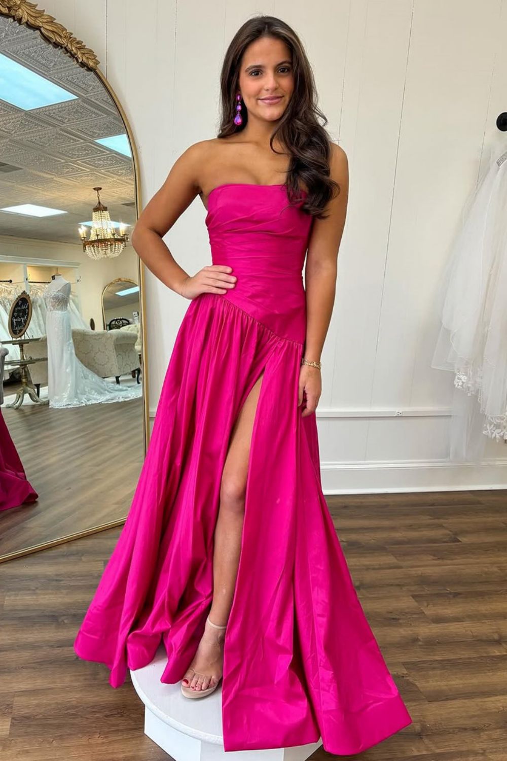 Simple A-Line Hot Pink Strapless Long Satin Prom Dress with Slit