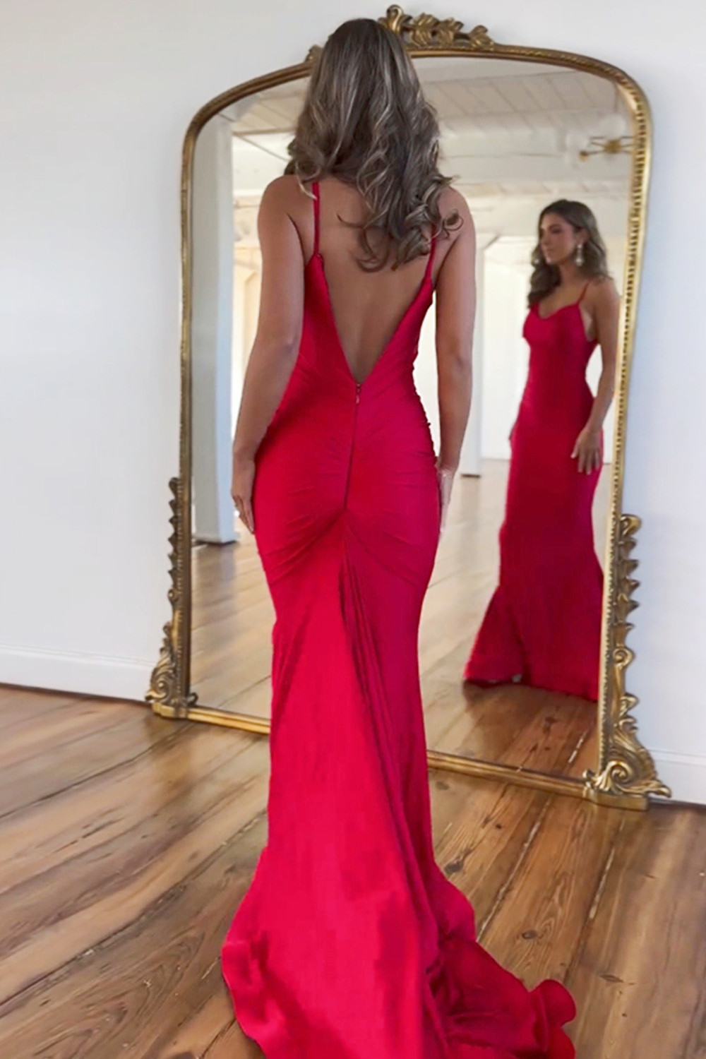 Simple Red Mermaid Spaghetti Straps Long Satin Prom Dress