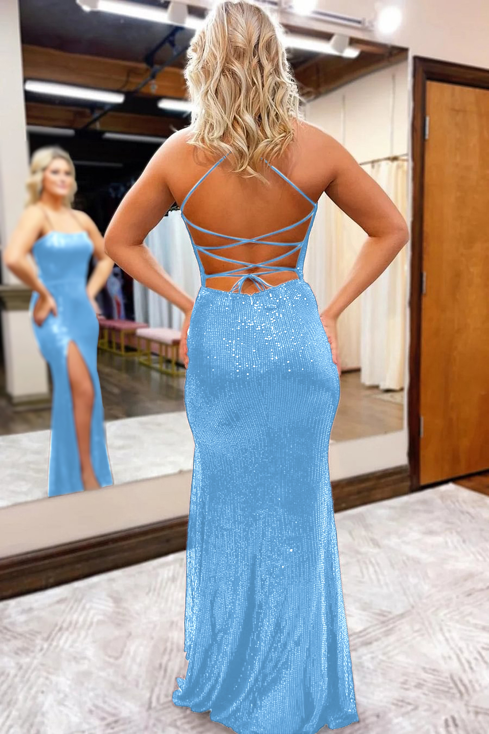 Simple Spaghetti Straps Corset Back Sequin Prom Dress With Split