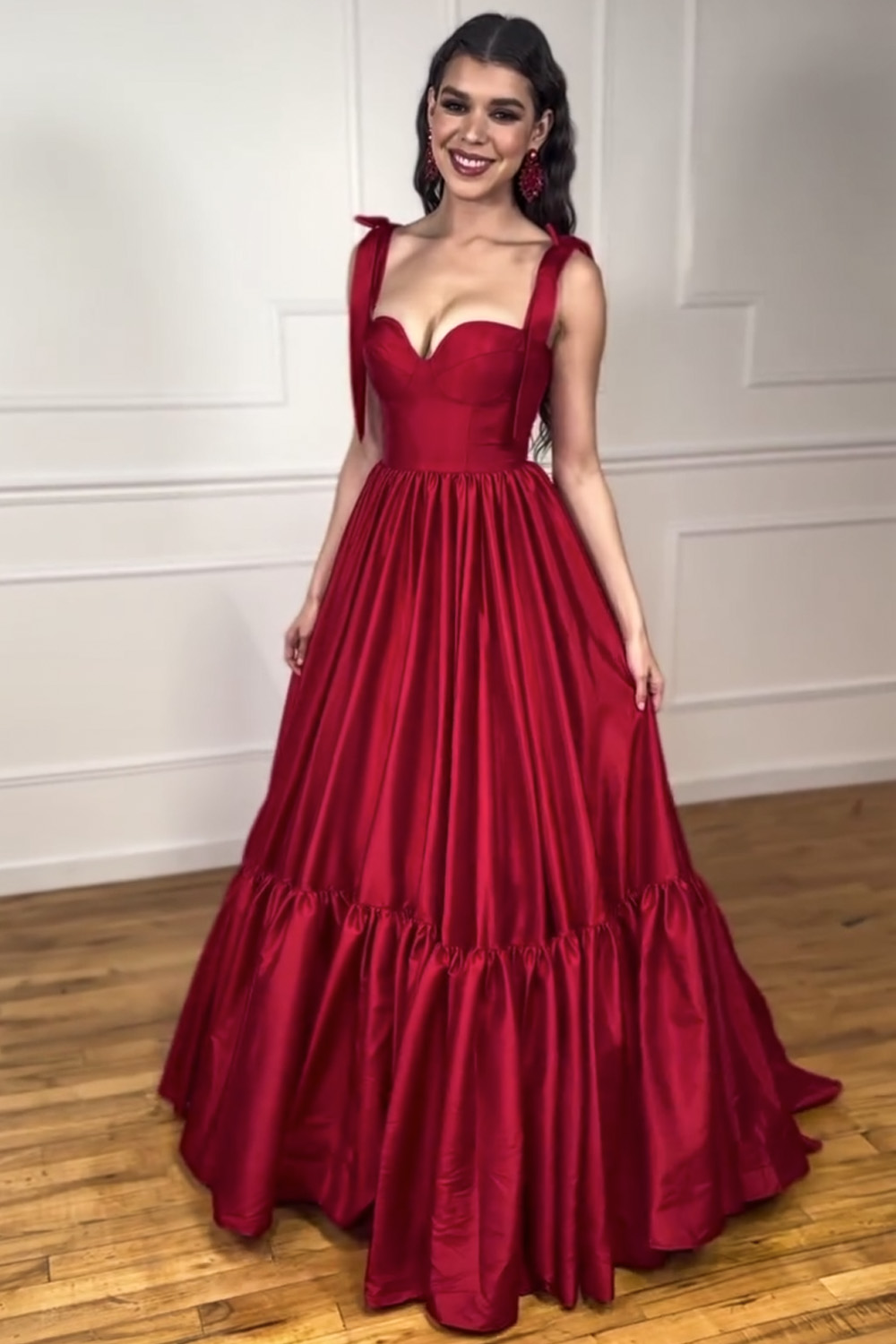 Sweet Black Princess A-Line Tie Straps Long Satin Prom Dress