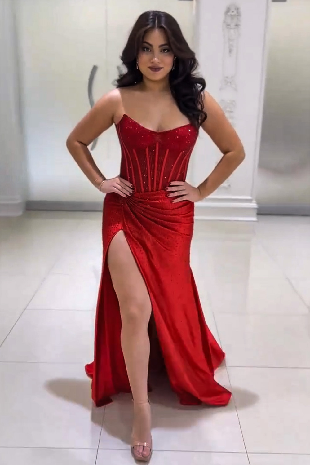 Gorgeous Gold Mermaid Strapless Long Beaded Prom Dress With High Slit