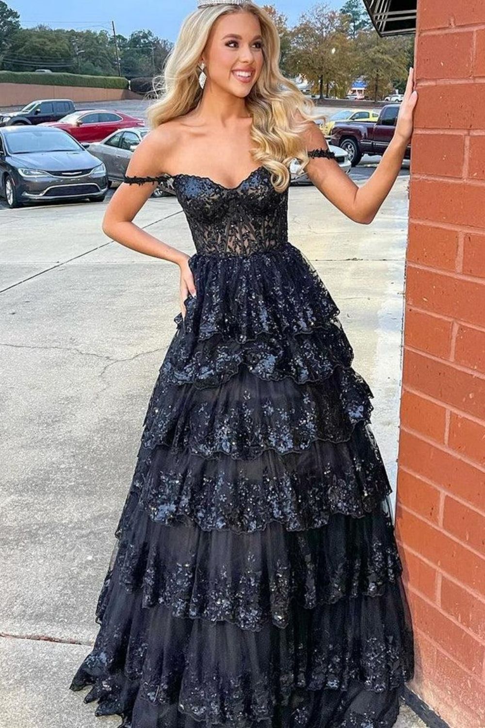 Gorgeous Gold A-Line Off The Shoulder Lace Up Long Prom Dress with Sequin