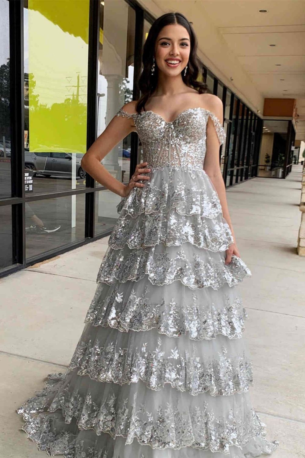Gorgeous Gold A-Line Off The Shoulder Lace Up Long Prom Dress with Sequin