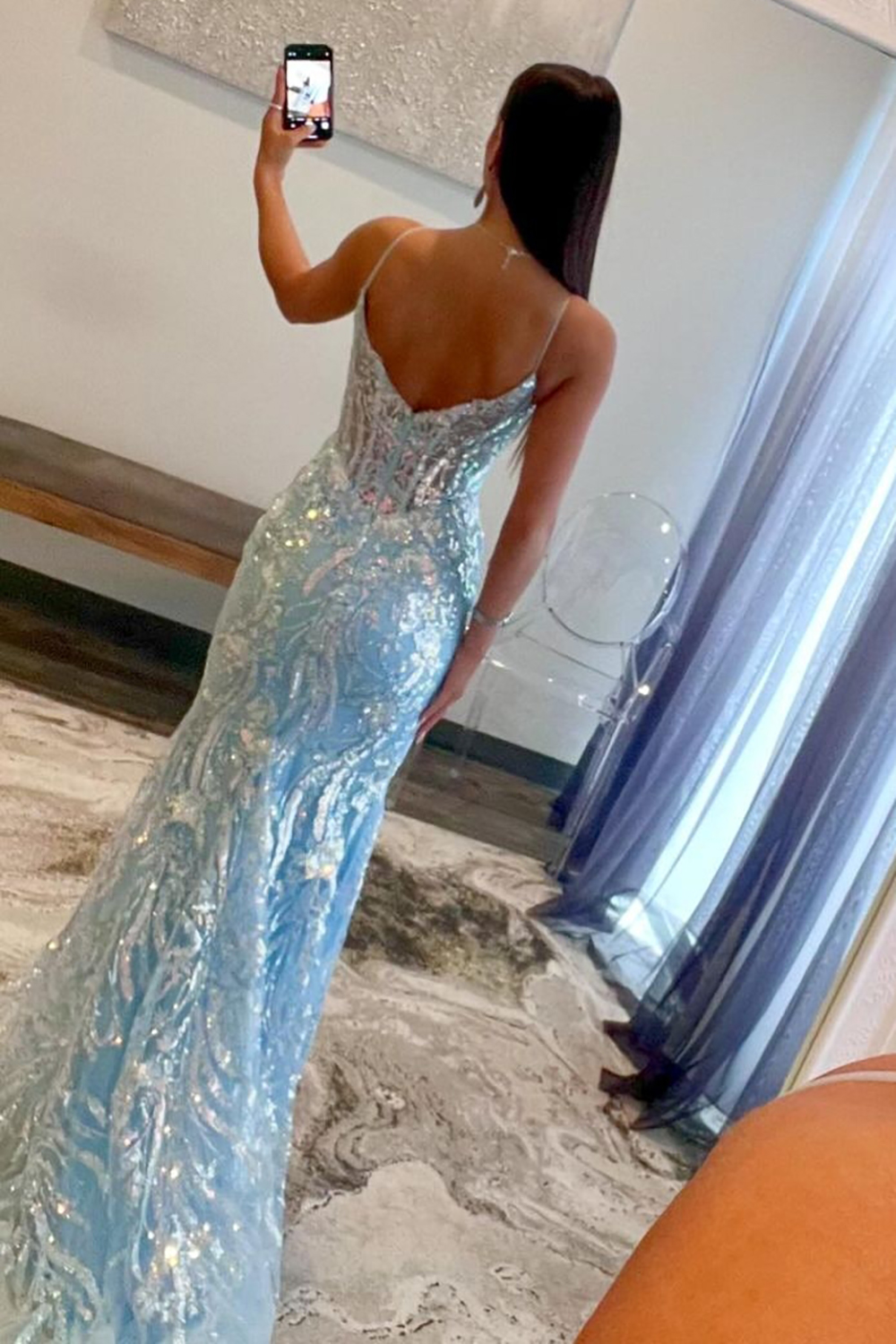 Sparkly Light Blue Mermaid Spaghetti Straps Long Prom Dress With Sequin