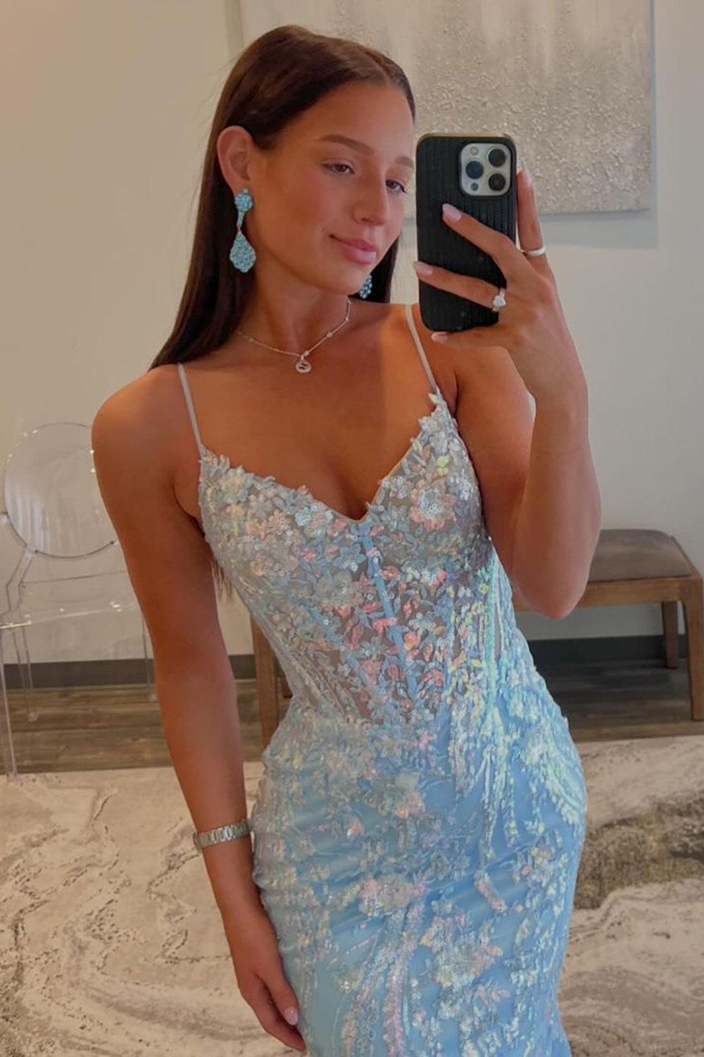 Sparkly Light Blue Mermaid Spaghetti Straps Long Prom Dress With Sequin