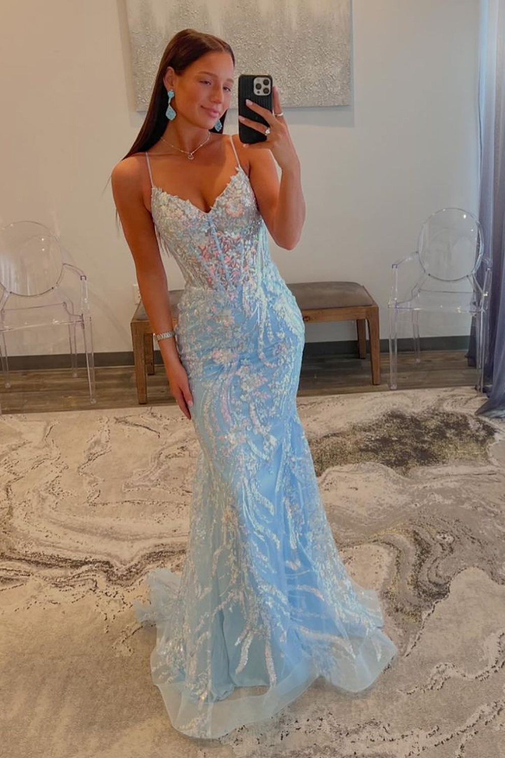 Sparkly Light Blue Mermaid Spaghetti Straps Long Prom Dress With Sequin