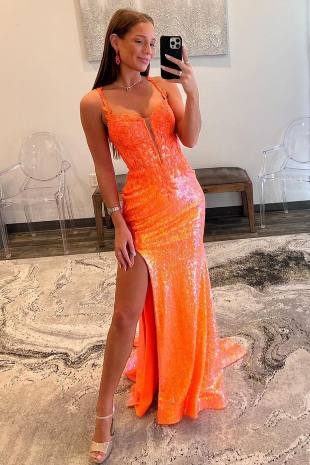 Sparkly Orange Mermaid Spaghetti Straps Long Sequin Prom Dress