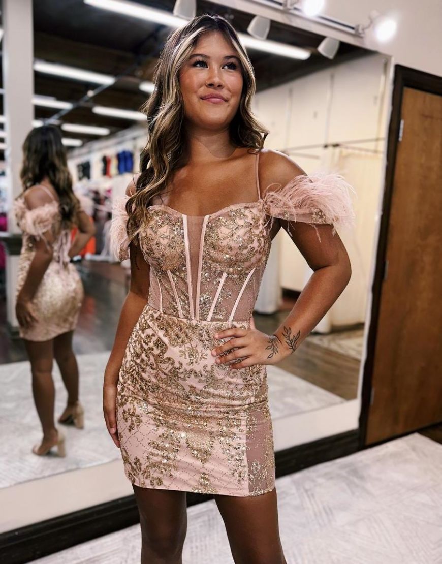 Sparkly Bodycon Off The Shoulder Short Homecoming Dress With Feather