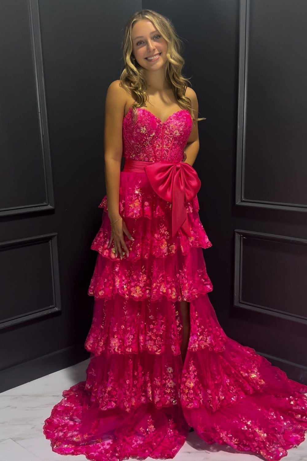 Sparkly Hot Pink A-Line Sweetheart Long Tiered Sequin Prom Dress with Slit