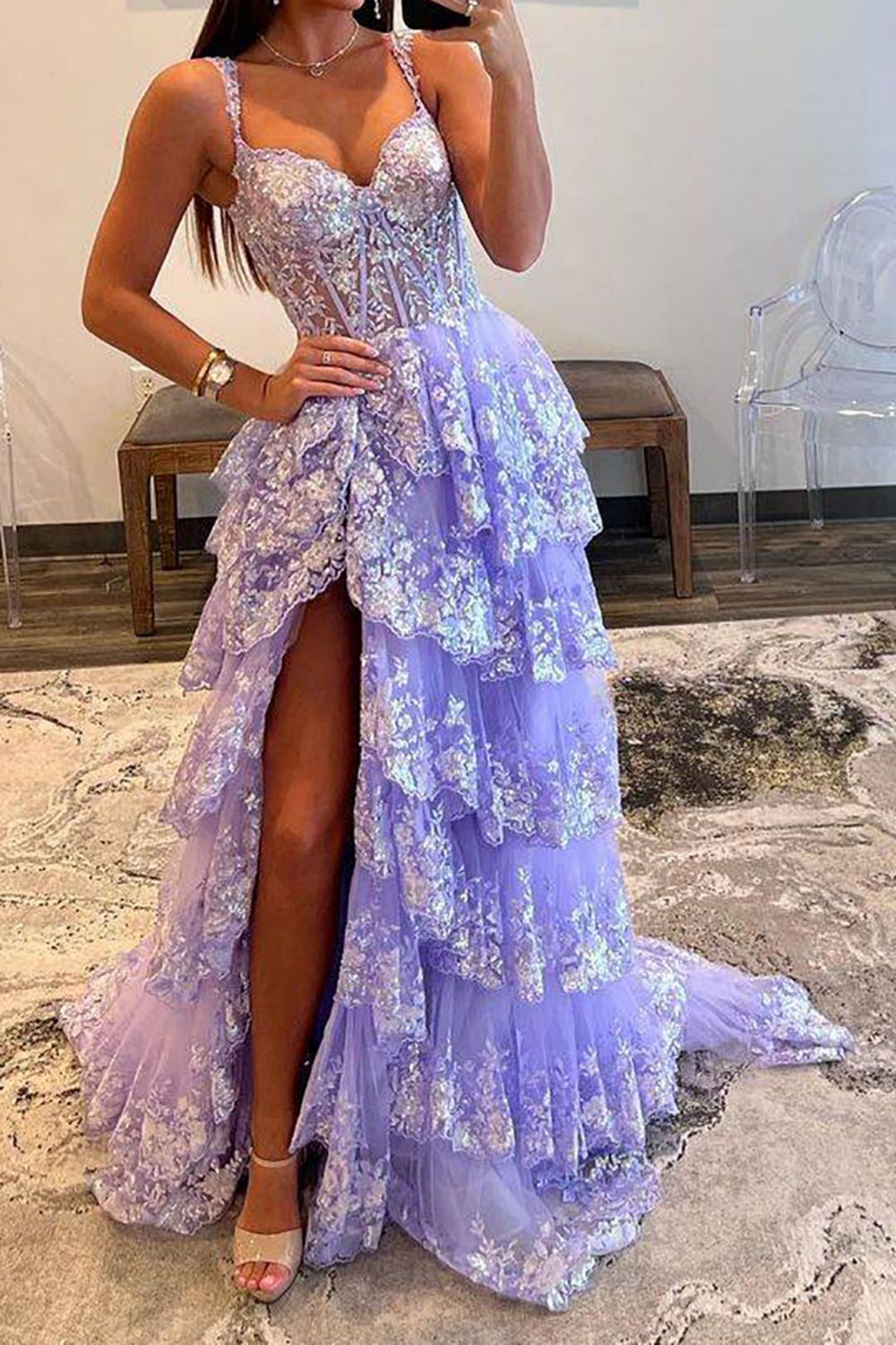 Stunning Glitter A-Line Off The Shoulder Long Tiered Prom Dress With Split