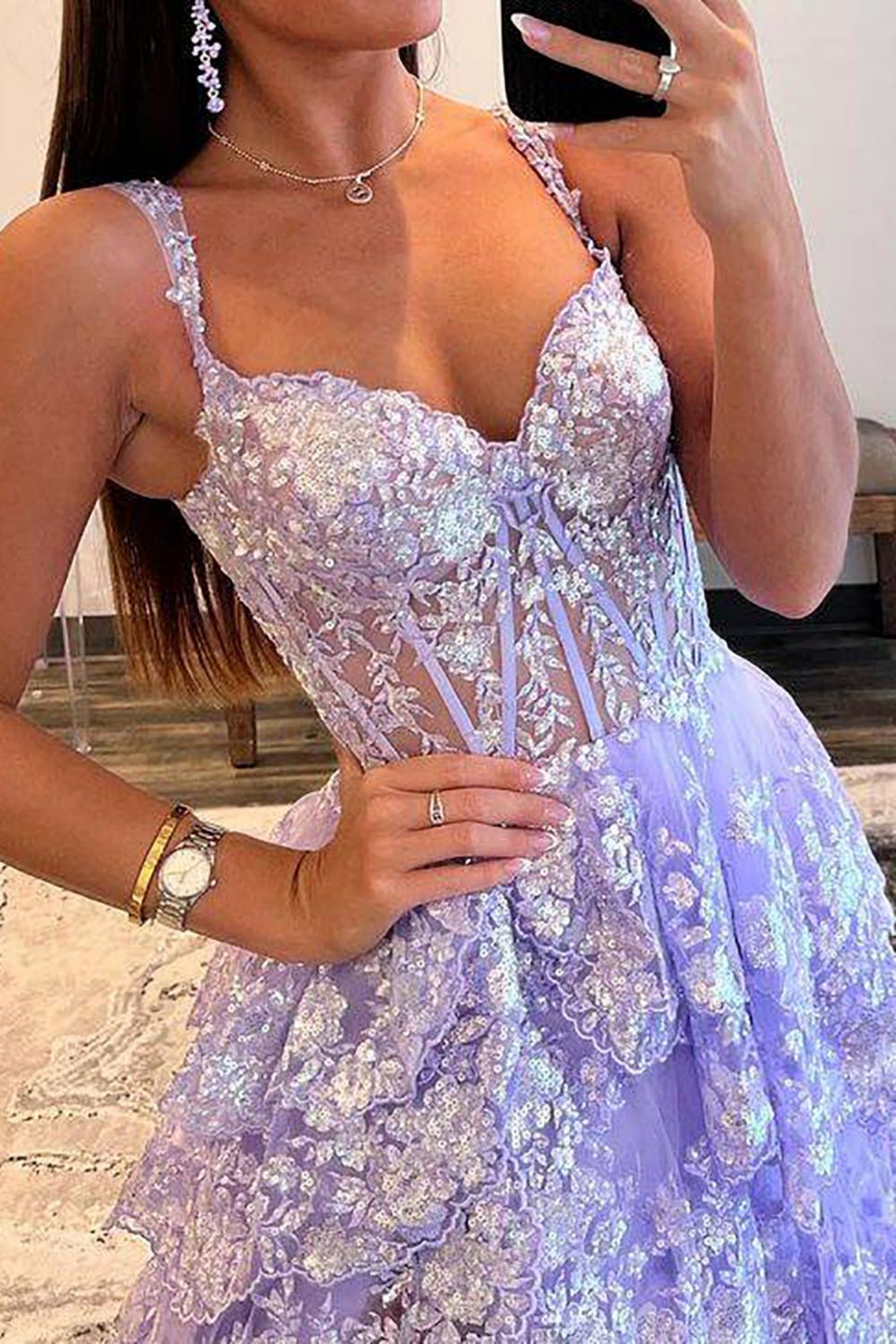 Stunning Glitter A-Line Off The Shoulder Long Tiered Prom Dress With Split