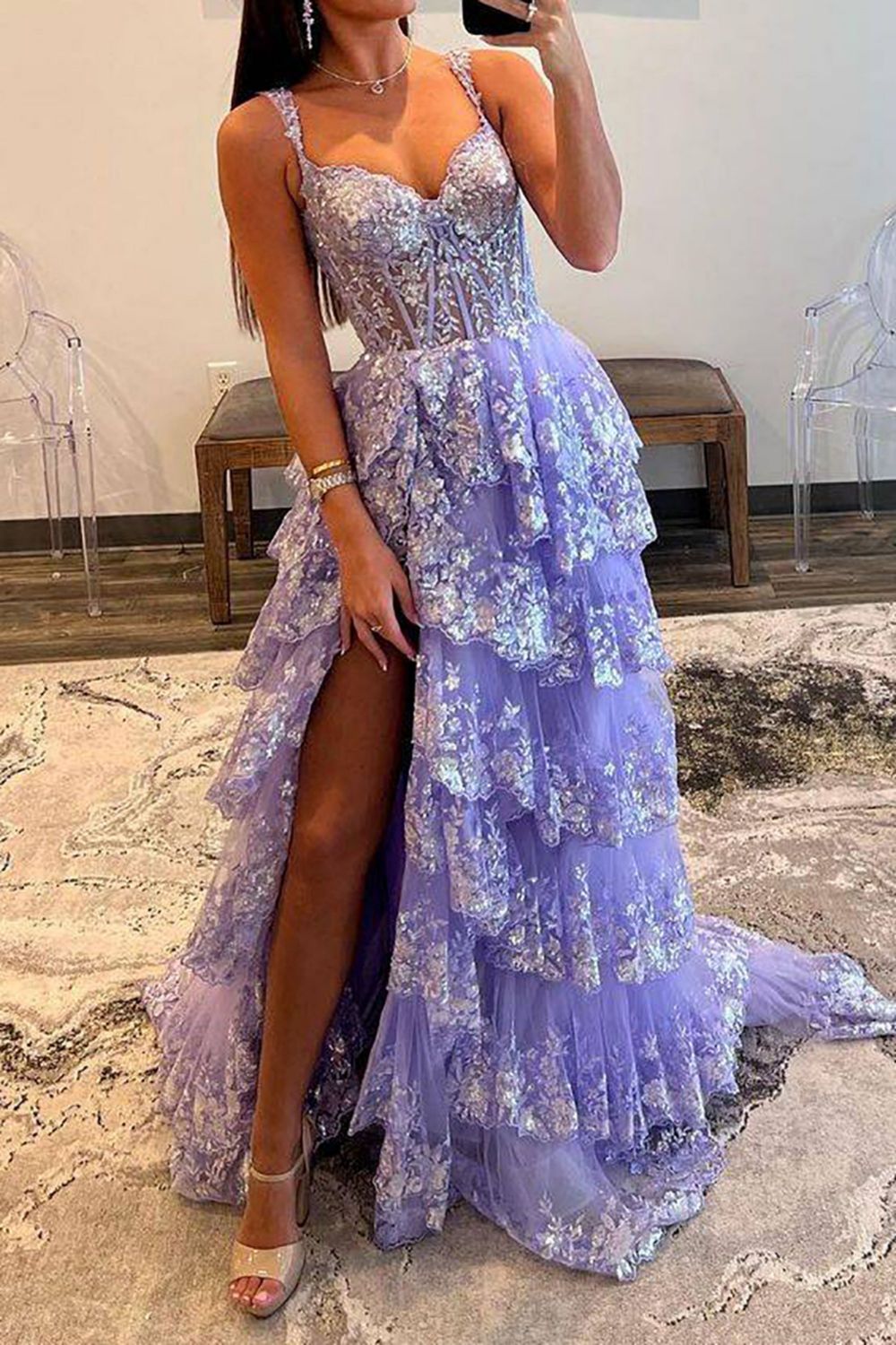 Stunning Glitter A-Line Off The Shoulder Long Tiered Prom Dress With Split