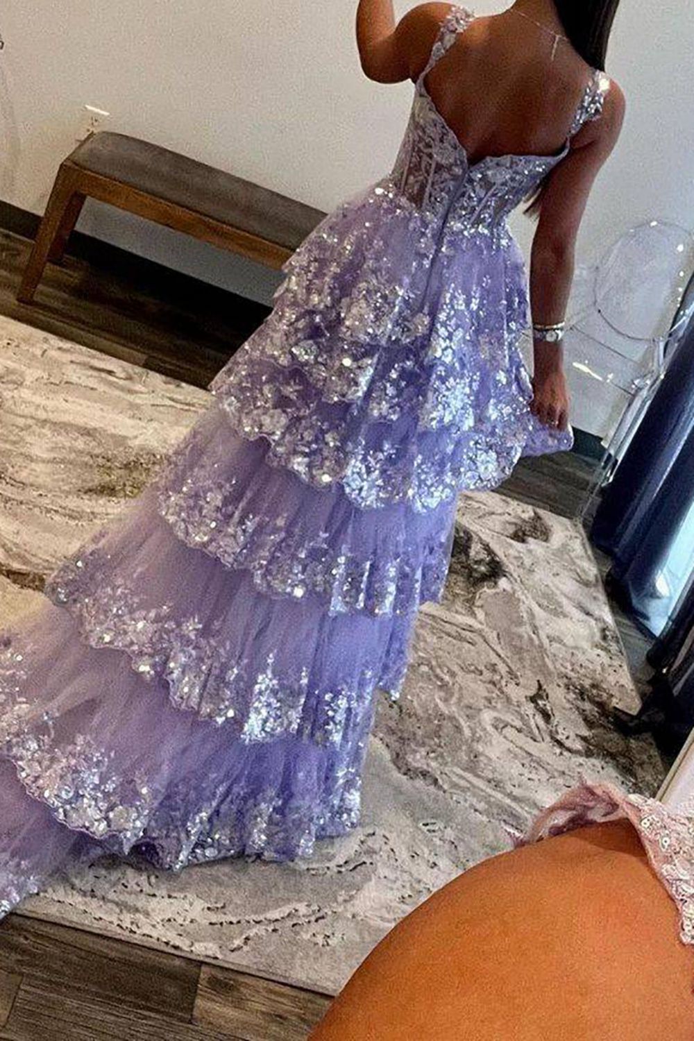 Stunning Glitter A-Line Off The Shoulder Long Tiered Prom Dress With Split
