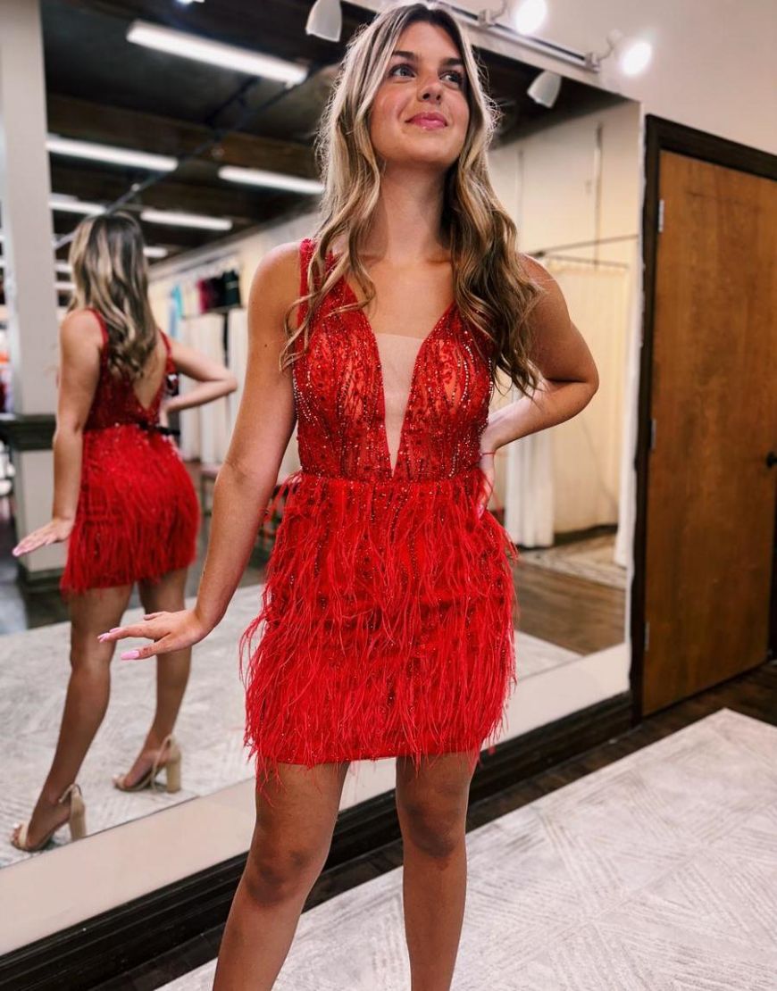 Sparkly Red Deep V-Neck Beaded Tight Homecoming Dress With Feather