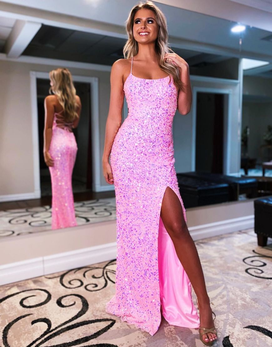 Sparkly Sequin Spaghetti Straps Long Prom Evening Dress