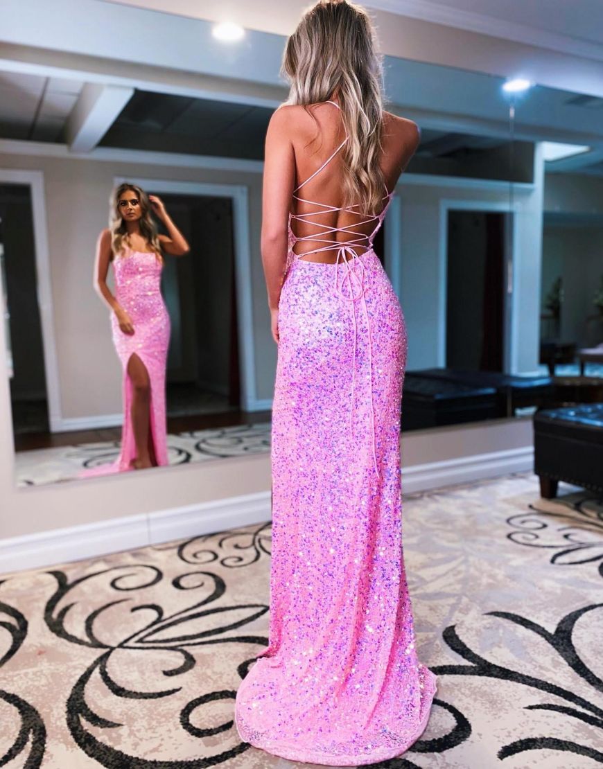 Sparkly Sequin Spaghetti Straps Long Prom Evening Dress