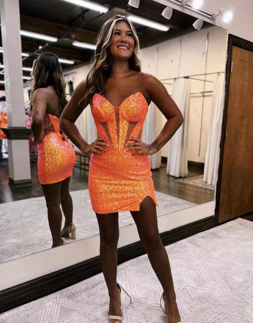 Sparkly Sequin Strapless Tight Short Homecoming Dress with Slit