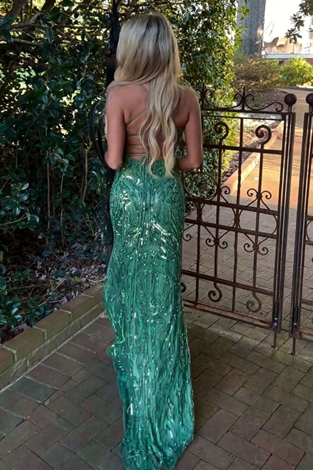 Sparkly Mermaid V-Neck Lace Up Long Green Corset Prom Dress With Split