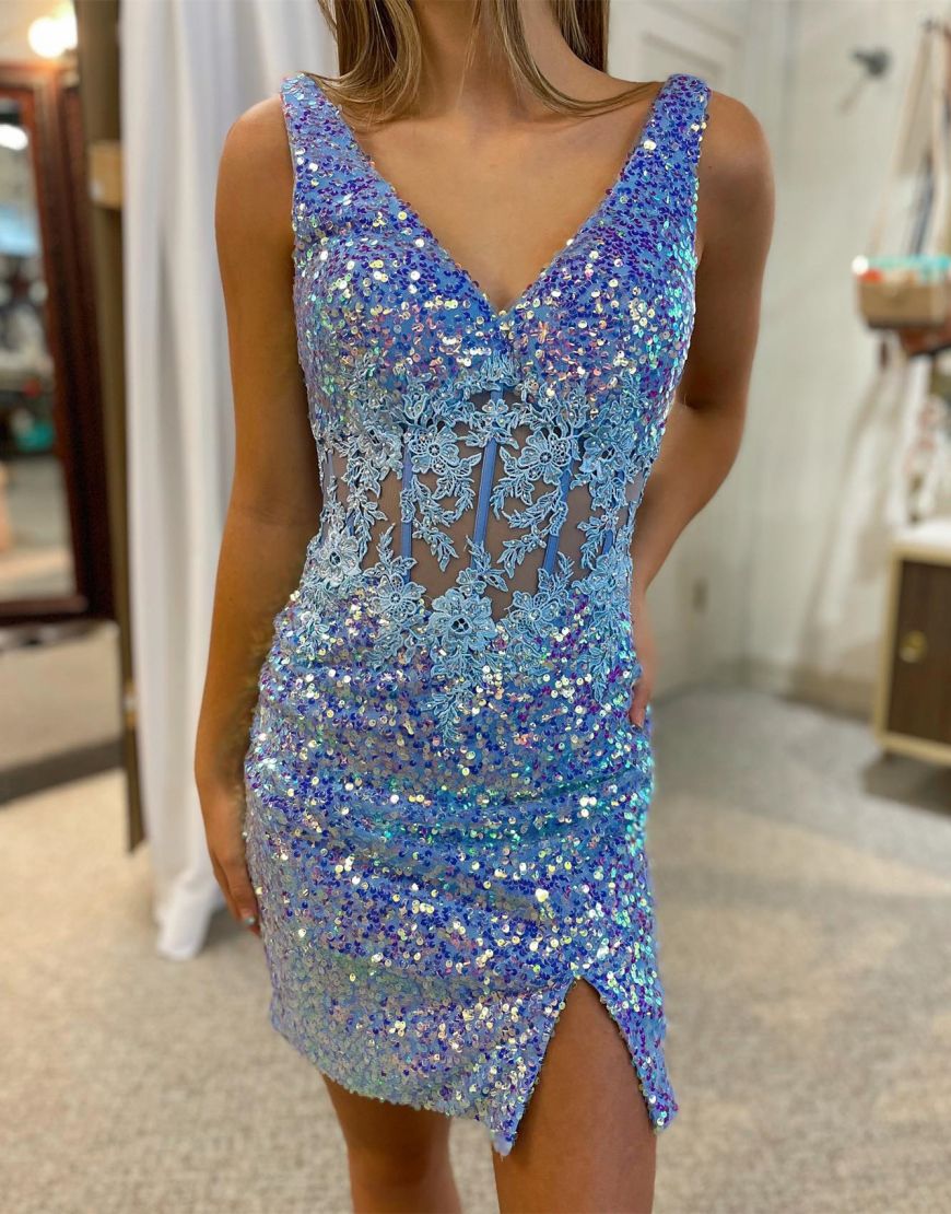 Sparkly V-Neck Short Tight Sequin Homecoming Dress With Split