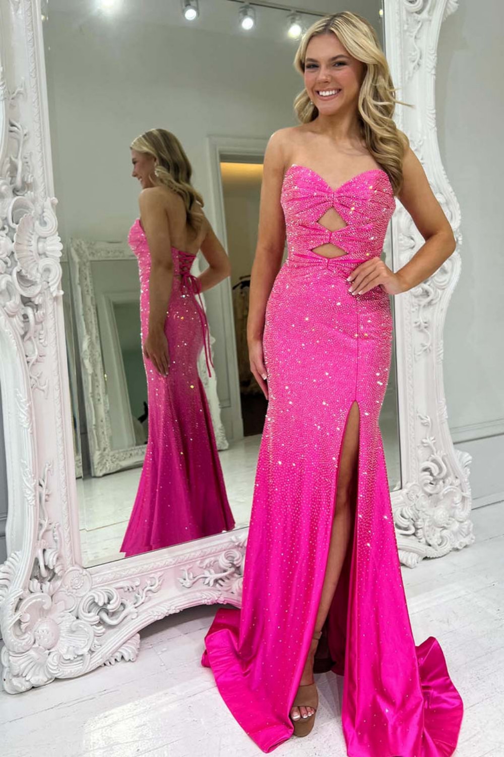 Cute Yellow Mermaid Strapless Long Beaded Prom Dress with Slit