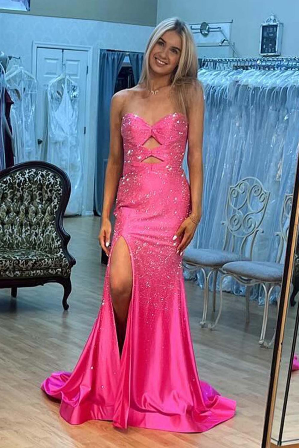 Cute Yellow Mermaid Strapless Long Beaded Prom Dress with Slit