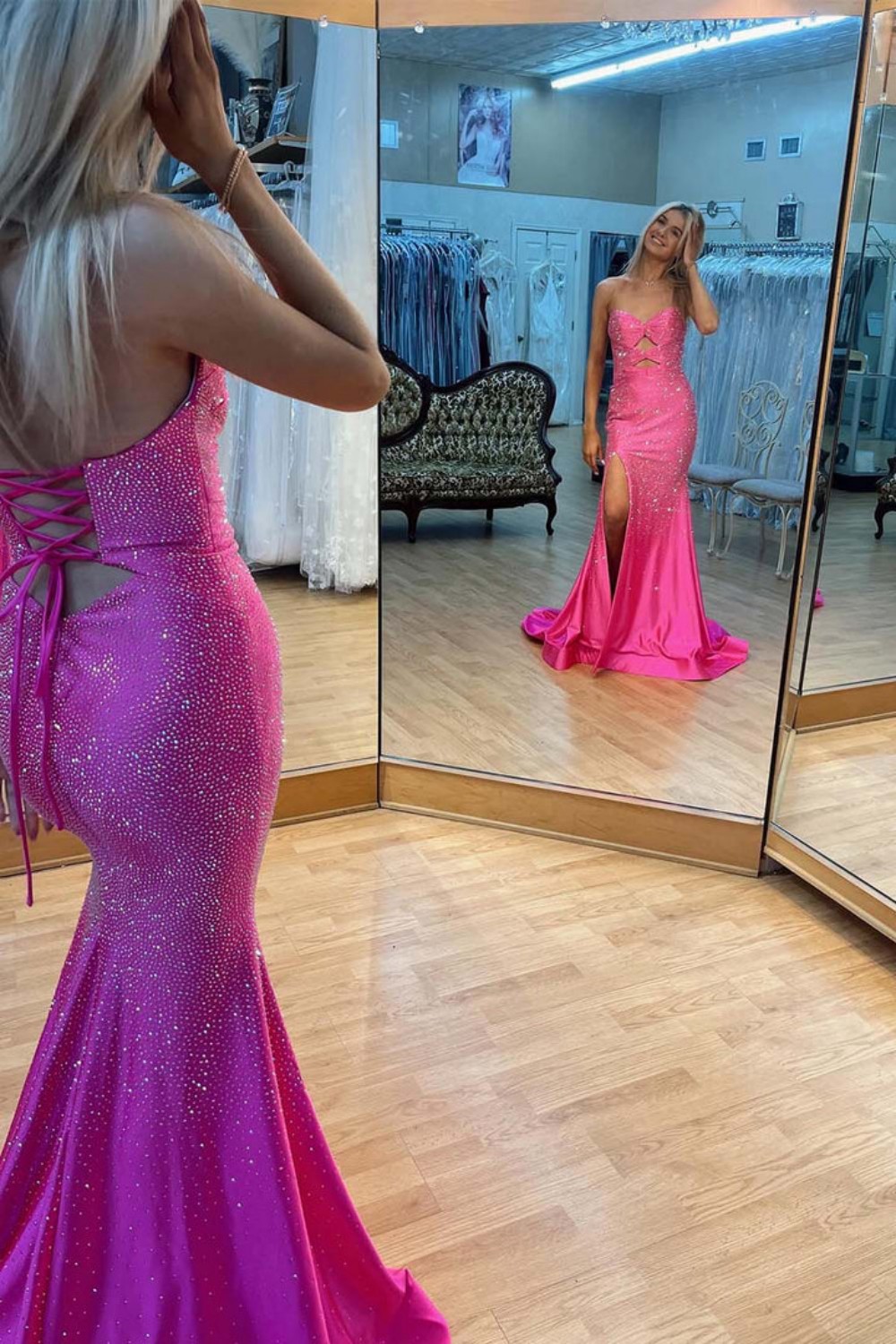 Cute Yellow Mermaid Strapless Long Beaded Prom Dress with Slit