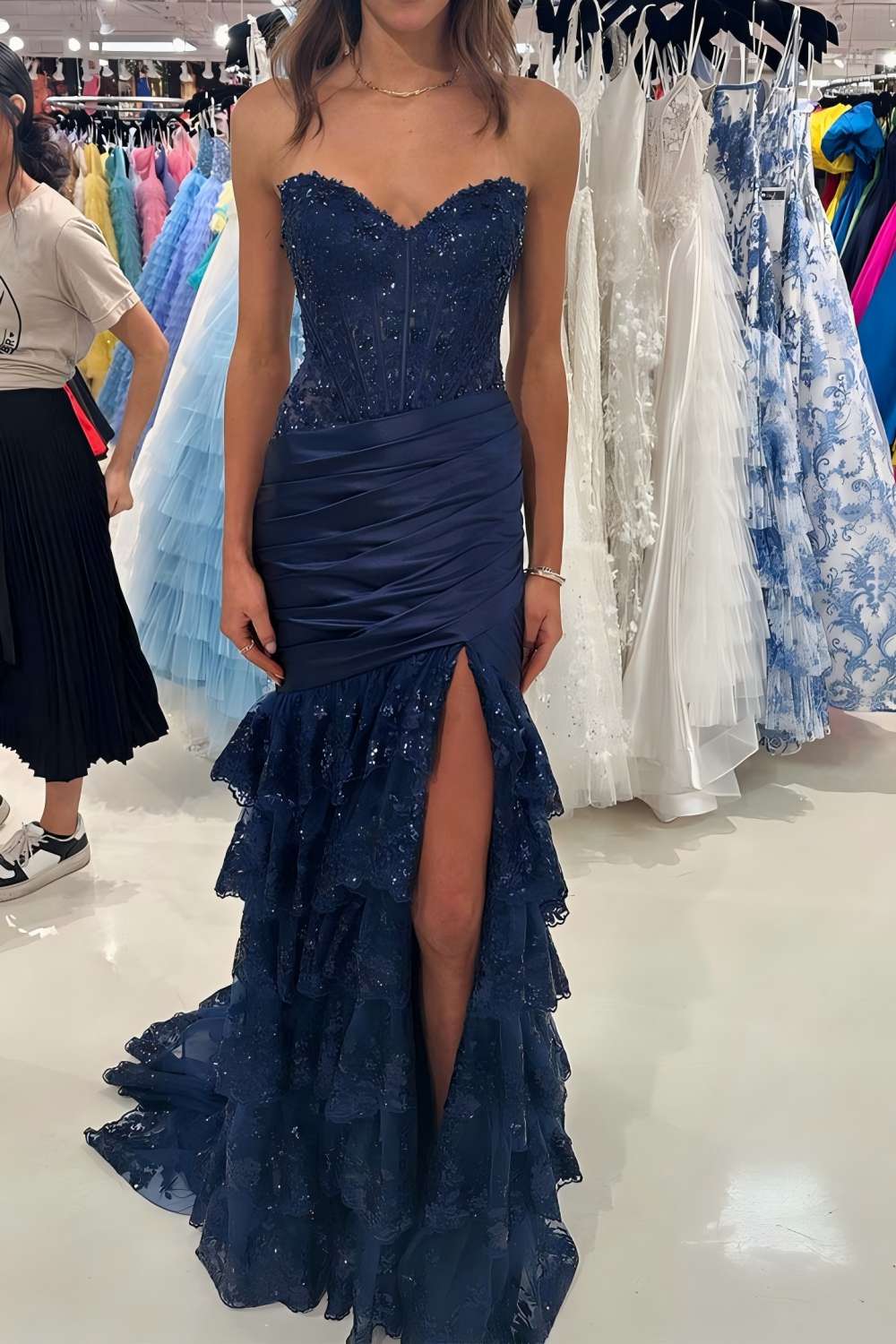 Strapless Slit Prom Dress with Ruffle Skirt