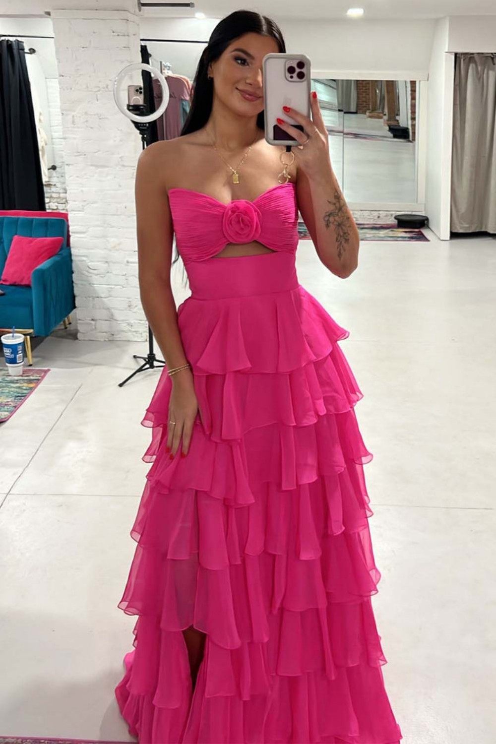 Cute Royal Blue A-Line Strapless Long Tiered Prom Dress with Slit